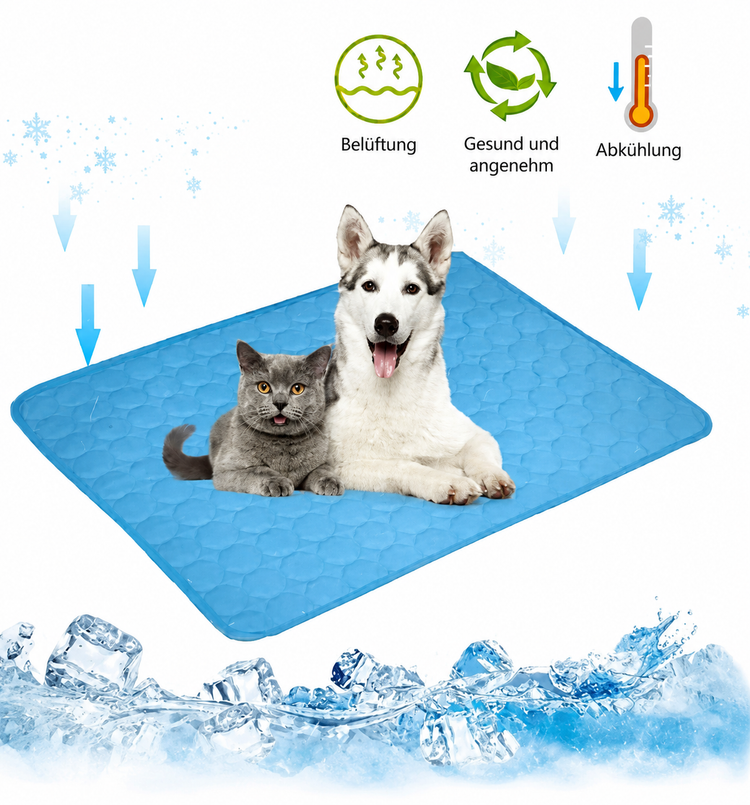 Kühlmatte für Hunde & Katzen mit Hund und Katze darauf, perfekt für angenehme Abkühlung an heißen Tagen.