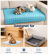 Kühlmatte für Hunde & Katzen auf Sofa, Boden und im Hundebett für komfortable Kühlung und Entspannung.
