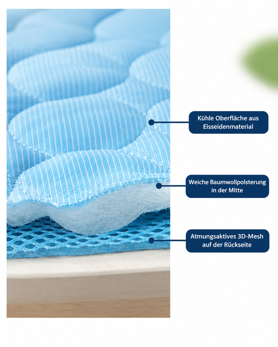 Detailaufnahme der Kühlmatte für Hunde & Katzen mit kühler Oberfläche und atmungsaktivem 3D-Mesh.