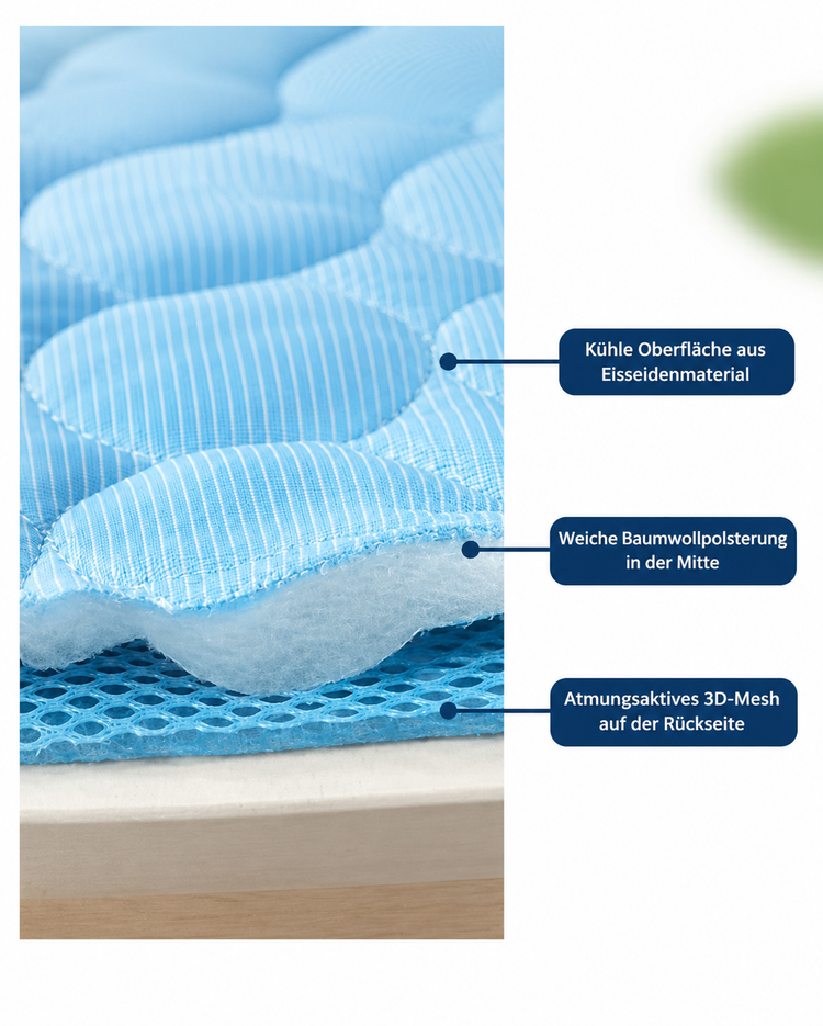 Detailaufnahme der Kühlmatte für Hunde & Katzen mit kühler Oberfläche und atmungsaktivem 3D-Mesh.
