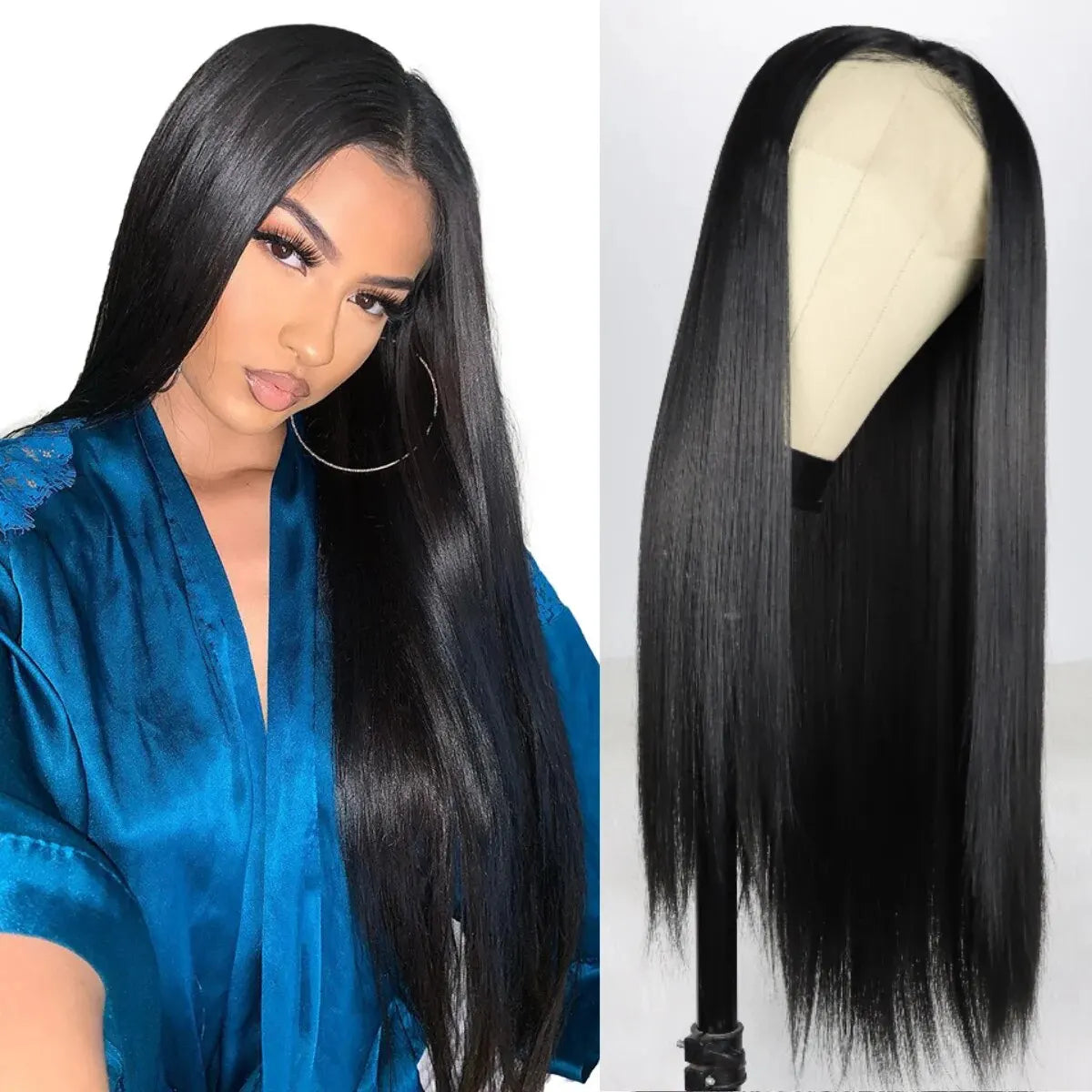 Lace Front Perücke lang & glatt in Naturschwarz – ohne Kleber, hitzebeständig