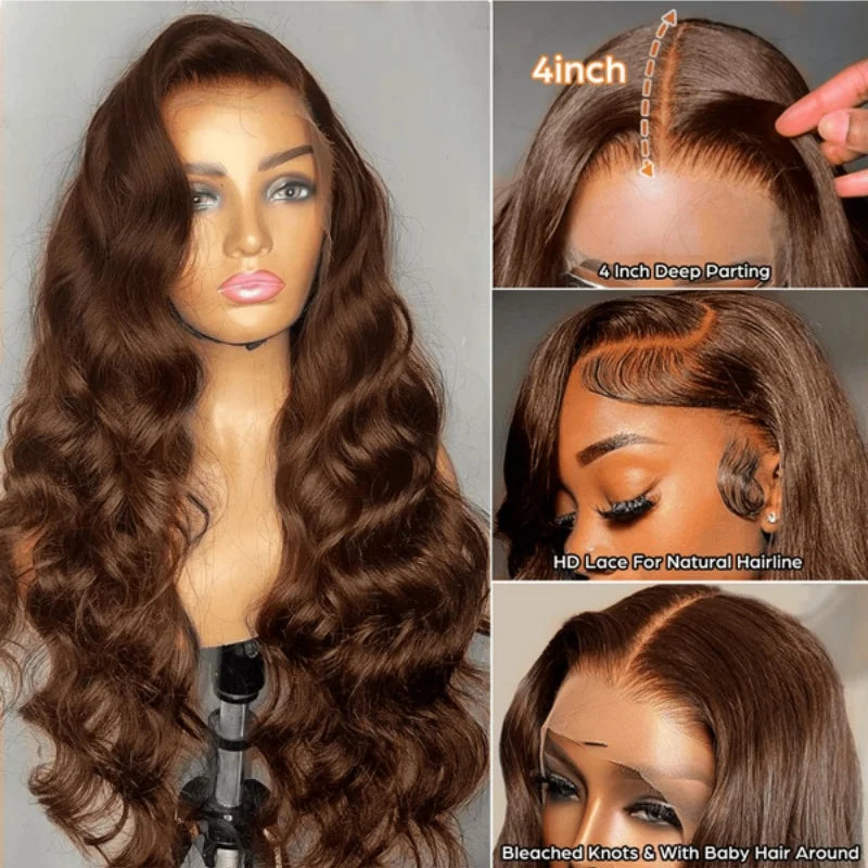 Echthaar Lace Front Perücke Body Wave in Schokobraun – 13x4 HD Lace