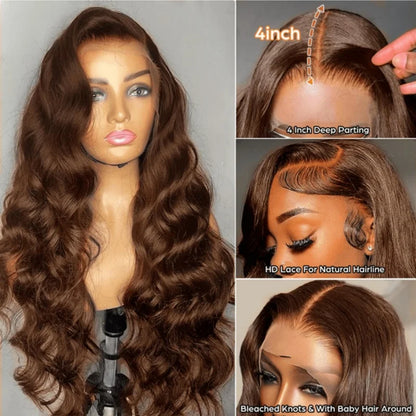 Echthaar Lace Front Perücke Body Wave in Schokobraun – 13x4 HD Lace