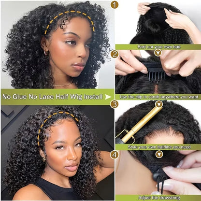 Echthaar Half Wig lockig – 3-in-1, ohne Kleber, mit Kordelzug