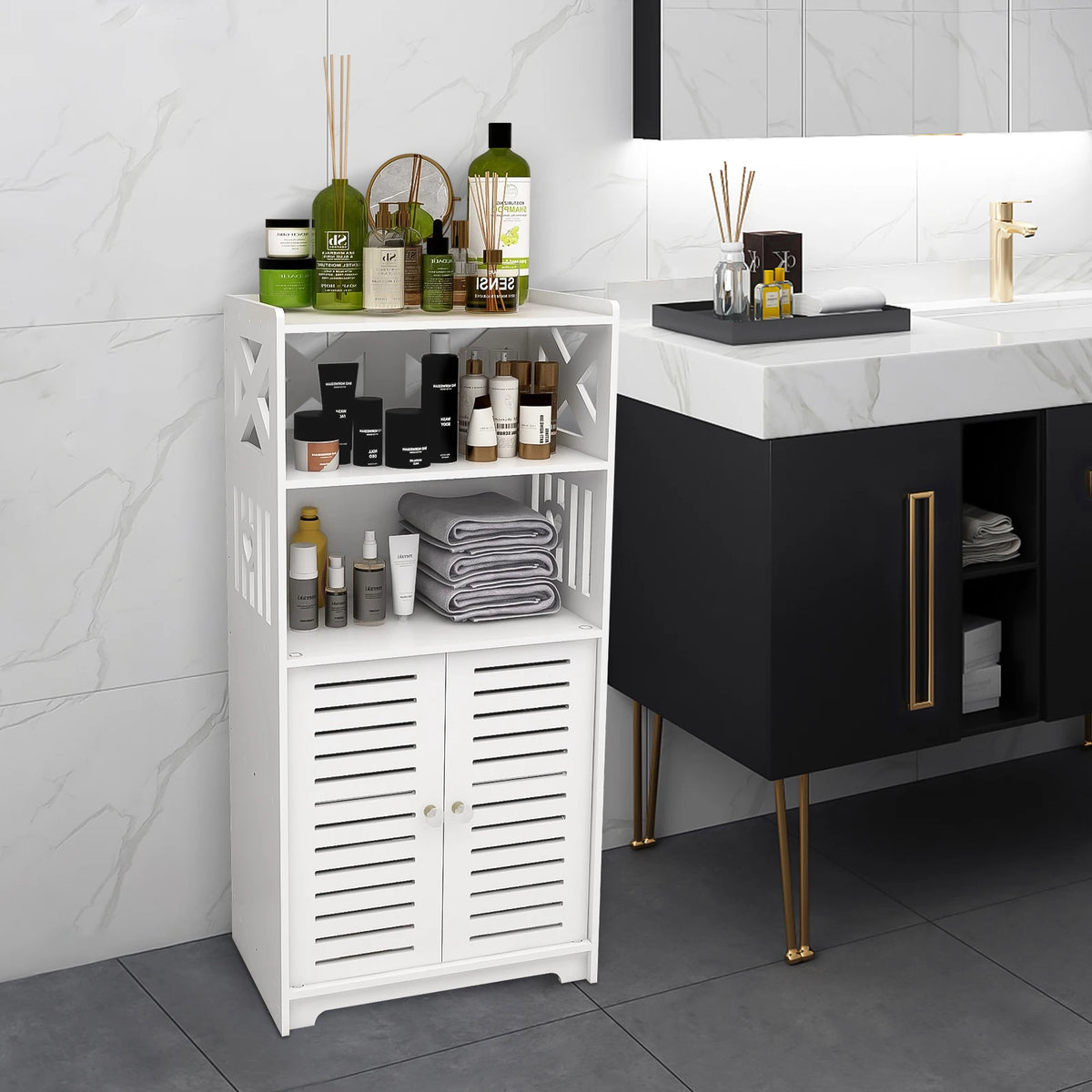 Badezimmerschrank schmal mit 4 Ebenen & Türen – wasserfest, Weiß