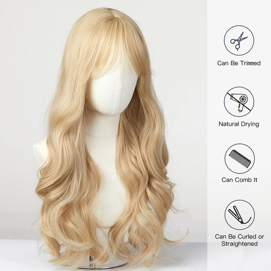 Perücke Sandblond gewellt mit langem Pony, Kunsthaar